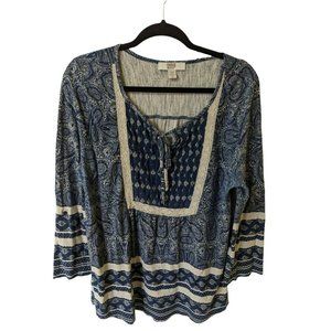 Vintage America Blues Womens Peasant Blouse Blue Long Sleeve Scoop Neck Lace XL